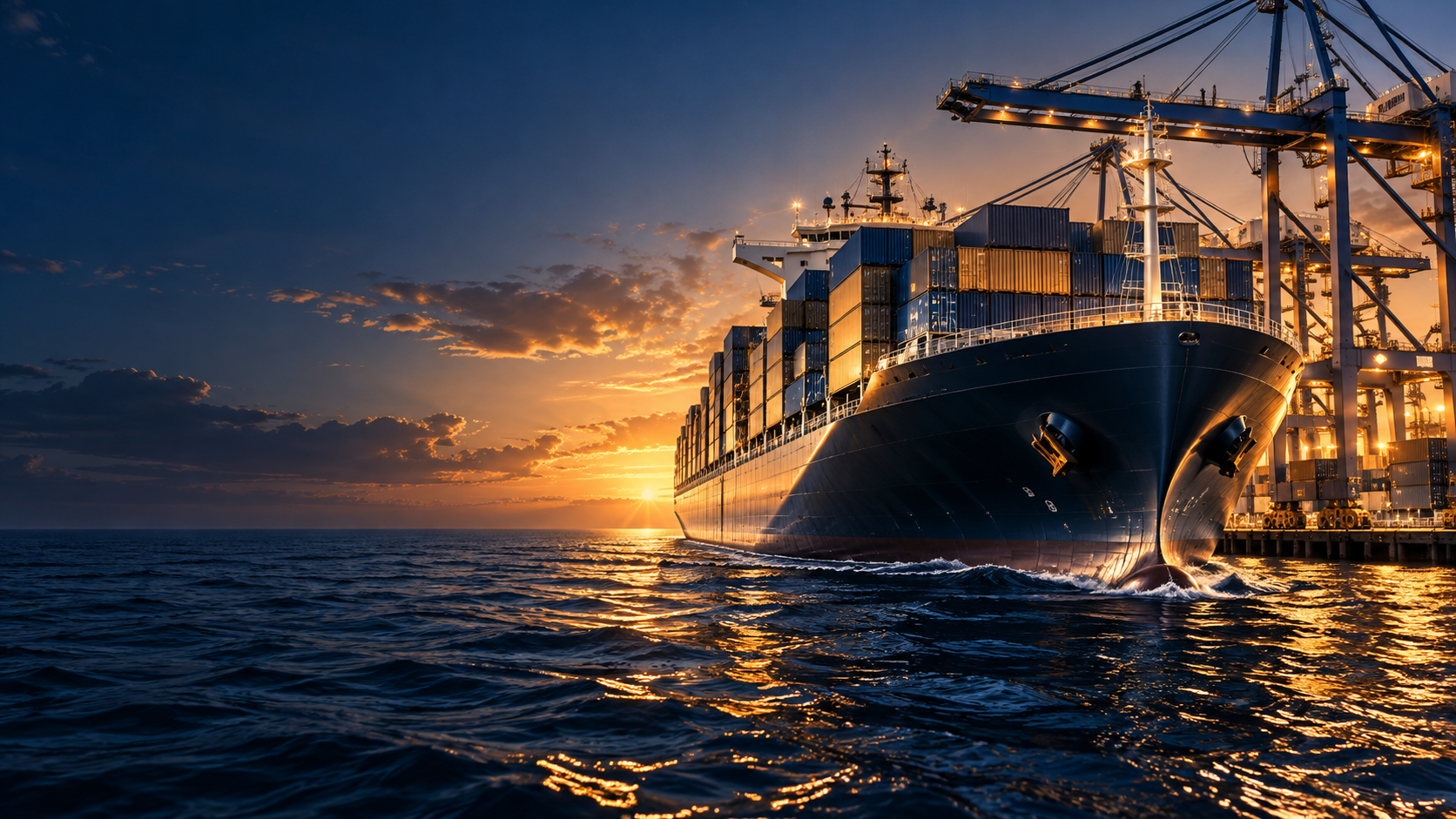 Visualización de un portacontenedores en un puerto al atardecer