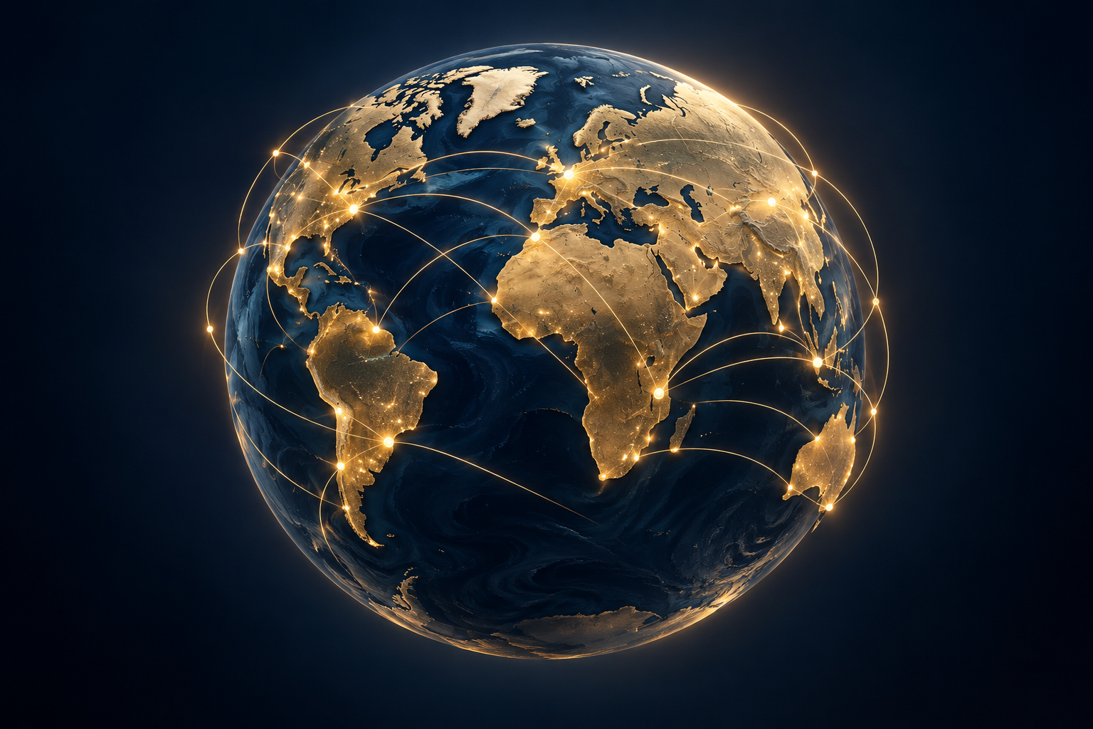 Globo tridimensional azul marino y dorado con conexiones luminosas, sin etiquetas geográficas